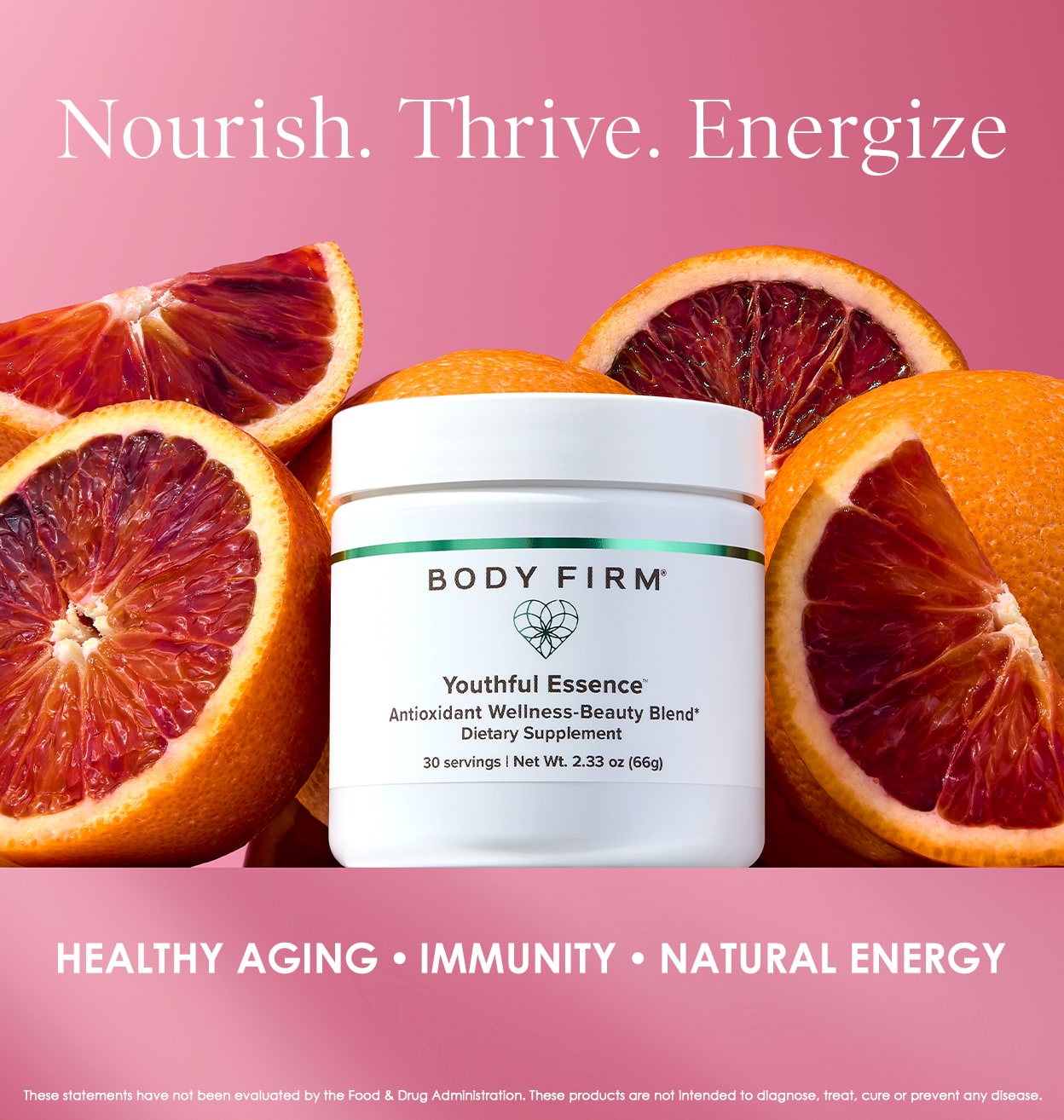 Body Firm Youthful Essence supplement jar with blood oranges on a pink background