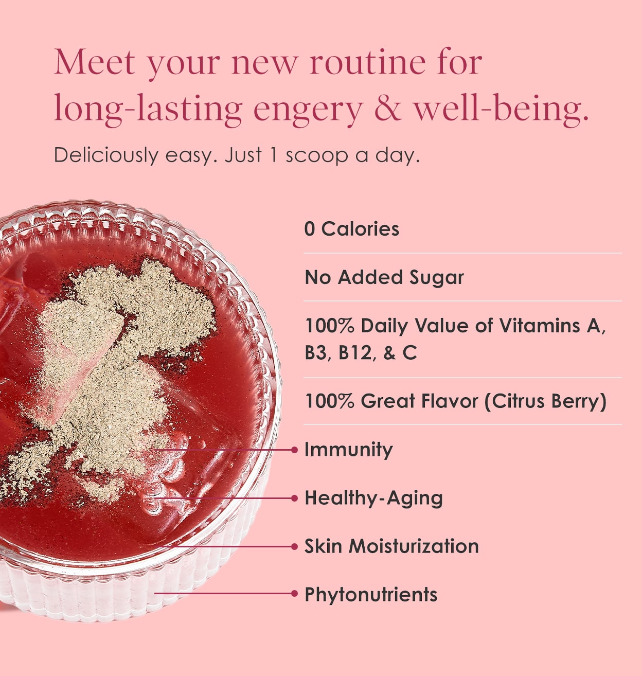 Product with red liquid and white powder, labeled for health benefits on a pink background — image 4 of 9